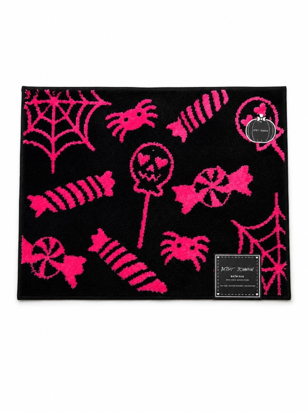 Betsey Johnson Halloween Bath Rug Pink Black Spider Candy 20x32 NWT - Picture 2 of 5